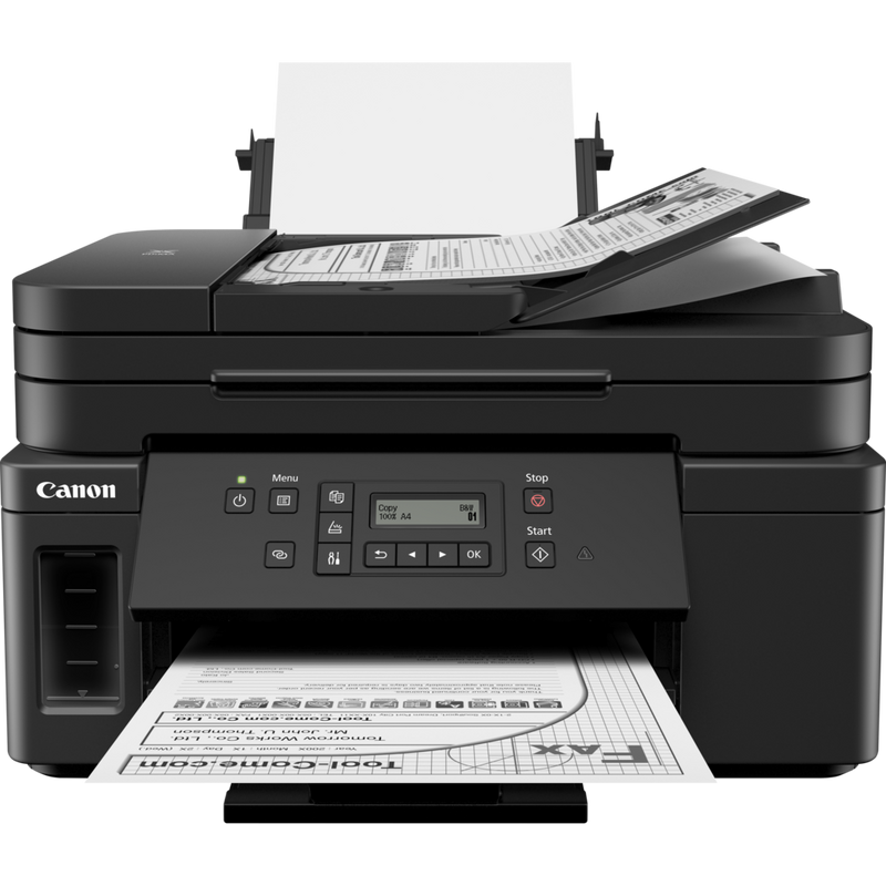 Canon PIXMA GM4050 MegaTank Tintenstrahl-Multifunktionssystem mit nachfüllbaren Tintenbehältern Produkt Vorderansicht mit ausgeklapptem Papierfach und Papierstütze