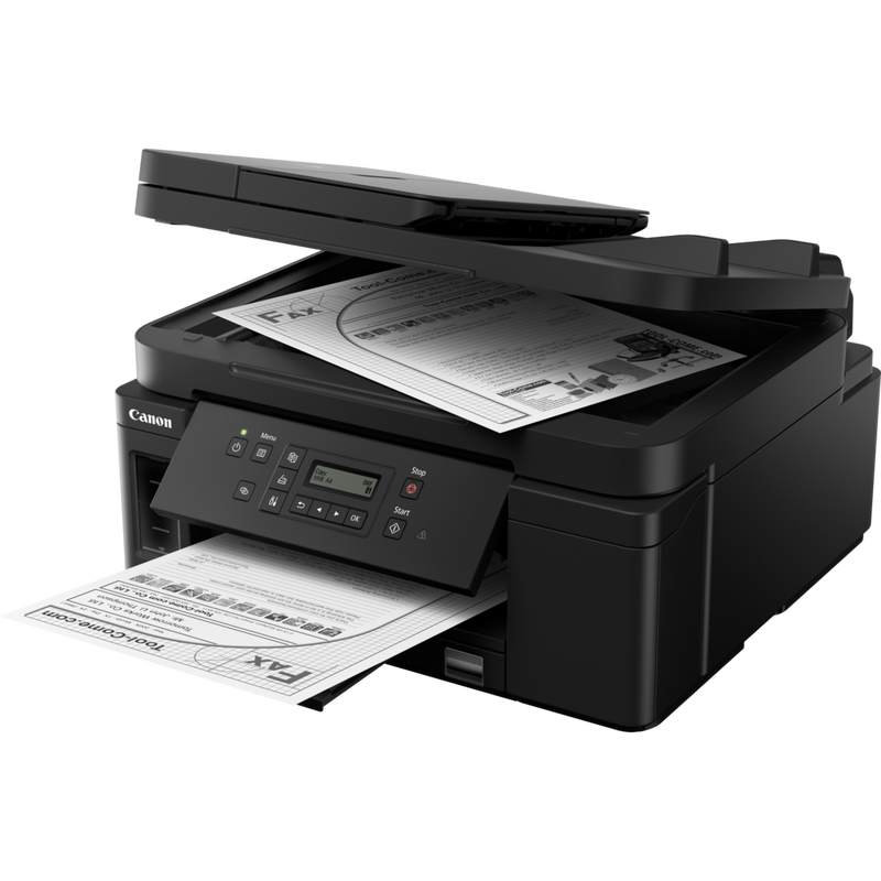 Canon PIXMA GM4050 MegaTank Tintenstrahl-Multifunktionssystem mit nachfüllbaren Tintenbehältern Schrägansicht von vorne mit ausgeklapptem Papierfach und Foto auf dem Drucker