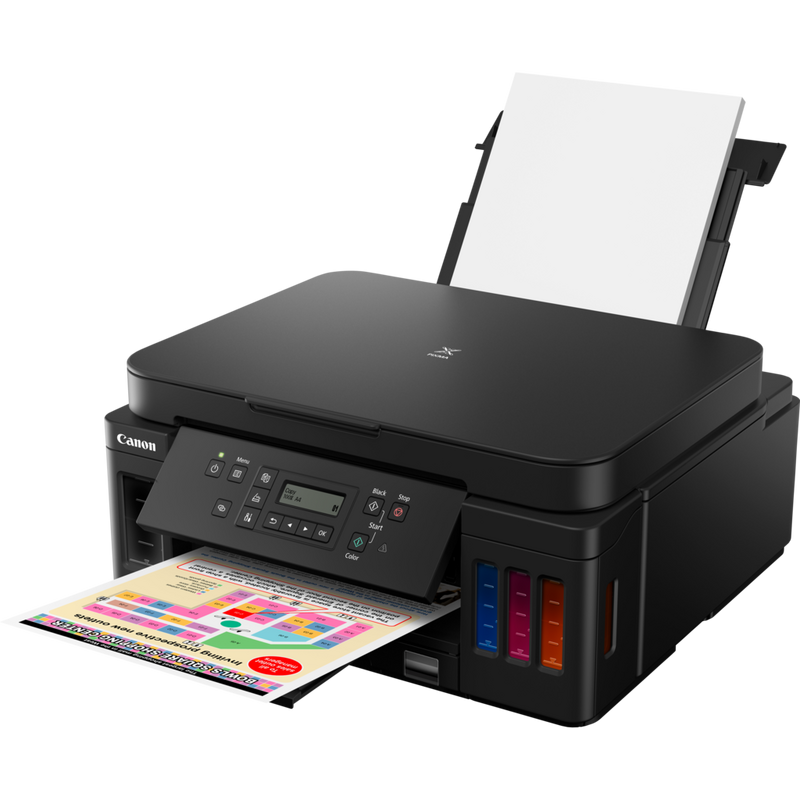Canon PIXMA G6050 3-in-1 MegaTank Drucker mit nachfüllbaren Tintenbehältern Produkt Schrägansicht von vorne mit ausgeklapptem Papierfach und Papierstütze
