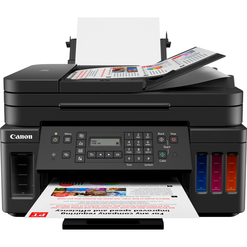 Canon PIXMA G7050 MegaTank Tintenstrahl-Multifunktionssystem mit nachfüllbaren Tintenbehältern Produkt Vorderansicht mit ausgeklapptem Papierfach und Papierstütze