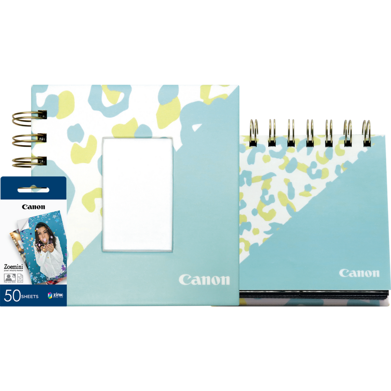 Canon ZINK™ Fotopapier, 5 x 7,5 cm, 50 Blatt + Fotoalbum + Fotoaufsteller Produkt Vorderansicht des Kits