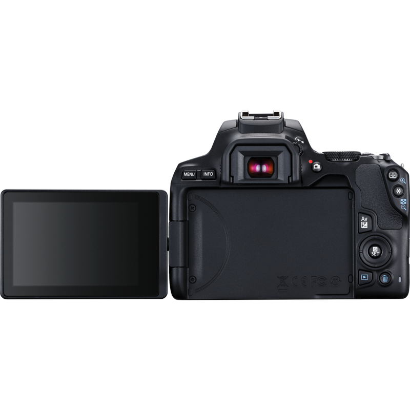 Canon EOS 250D Gehäuse, Schwarz Produkt Rückansicht mit ausgeklapptem Bildschirm