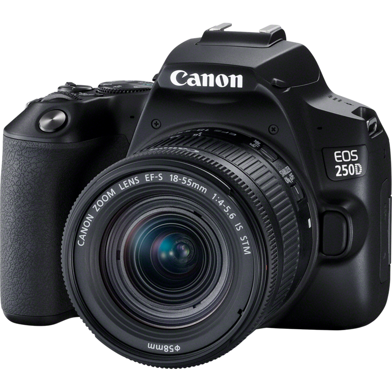 Canon EOS 250D Gehäuse, Schwarz + EF-S 18-55mm f/4-5.6 IS STM Objektiv Produkt Vorderansicht