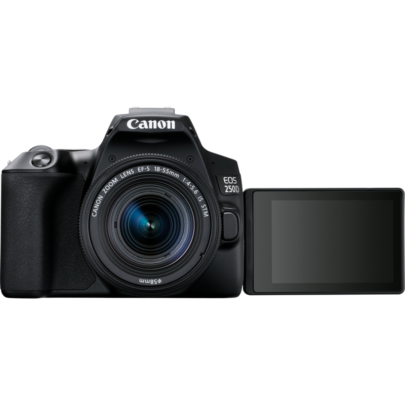 Canon EOS 250D Gehäuse, Schwarz + EF-S 18-55mm f/4-5.6 IS STM Objektiv Produkt Vorderansicht mit ausgeklapptem Bildschirm