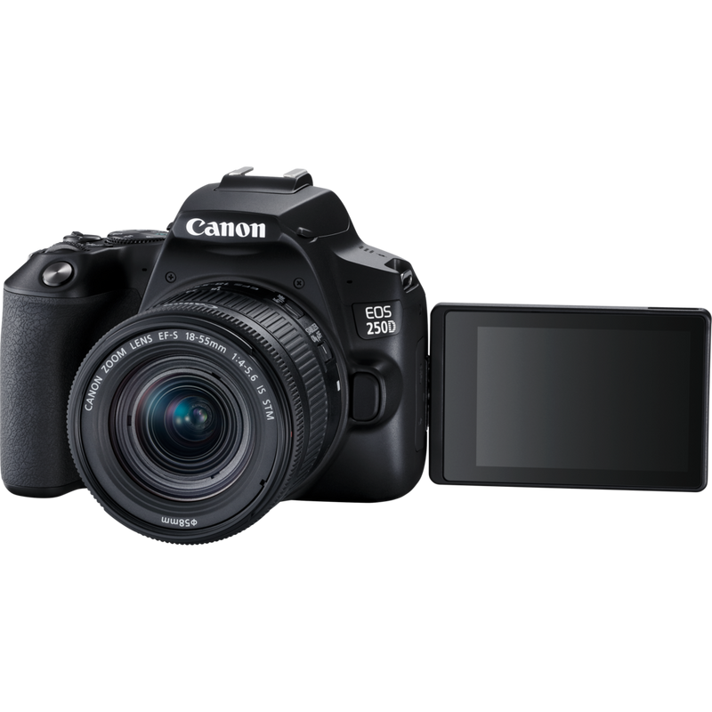 Canon EOS 250D Gehäuse, Schwarz + EF-S 18-55mm f/4-5.6 IS STM Objektiv Produkt Vorderansicht mit ausgeklapptem Bildschirm