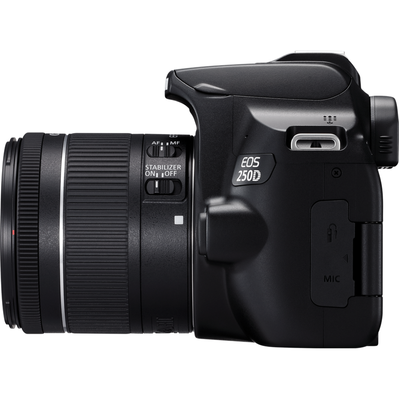 Canon EOS 250D Gehäuse, Schwarz + EF-S 18-55mm f/4-5.6 IS STM Objektiv Produkt Ansicht von links