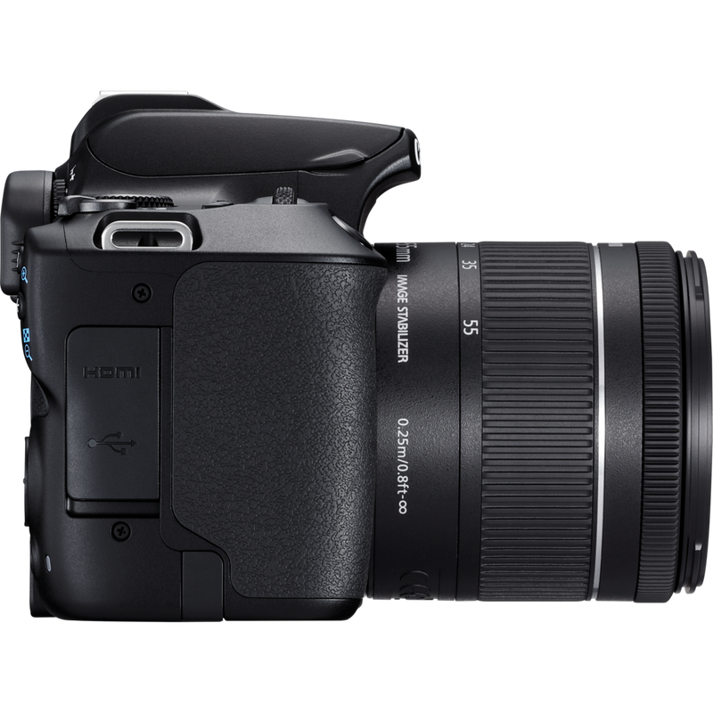 Canon EOS 250D Gehäuse, Schwarz + EF-S 18-55mm f/4-5.6 IS STM Objektiv Produkt Ansicht von rechts