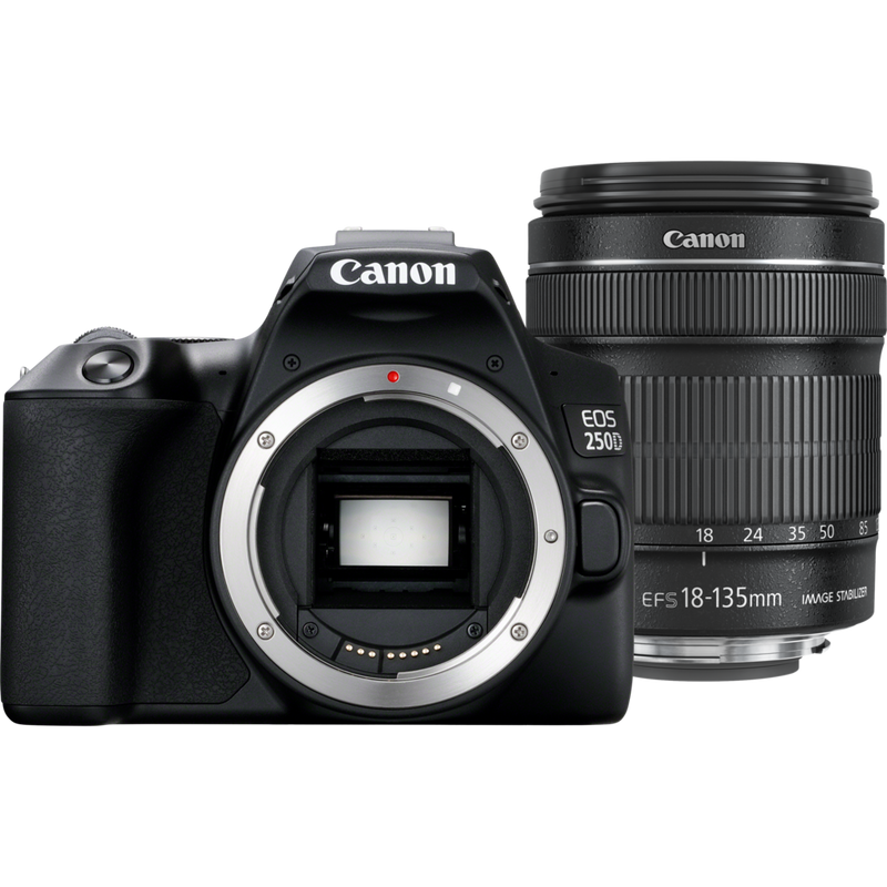 Canon EOS 250D Gehäuse, Schwarz + EF-S 18-135mm f/3.5-5.6 IS STM Objektiv Produkt Vorderansicht mit Objektiv