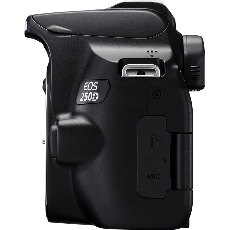 Canon EOS 250D Gehäuse, Schwarz + EF-S 18-135mm f/3.5-5.6 IS STM Objektiv Produkt Ansicht von links