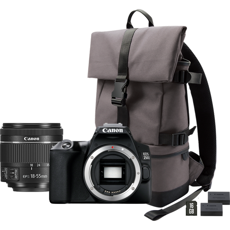 Canon EOS 250D, Schwarz + 18-55mm f/4-5.6 IS STM Objektiv, Schwarz + Rucksack + SD-Karte + Ersatzakku Produkt Ausrüstung