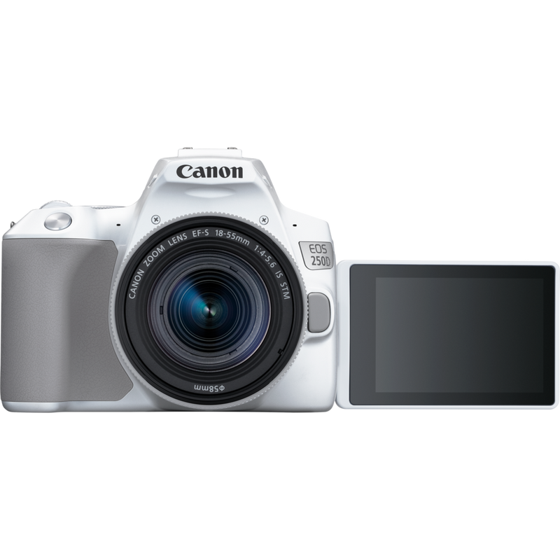 Canon EOS 250D, Weiß + EF-S 18-55mm f/4-5.6 IS STM Objektiv Produkt Vorderansicht mit ausgeklapptem Bildschirm