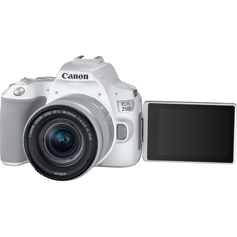 Canon EOS 250D, Weiß + EF-S 18-55mm f/4-5.6 IS STM Objektiv Produkt Vorderansicht mit ausgeklapptem Bildschirm
