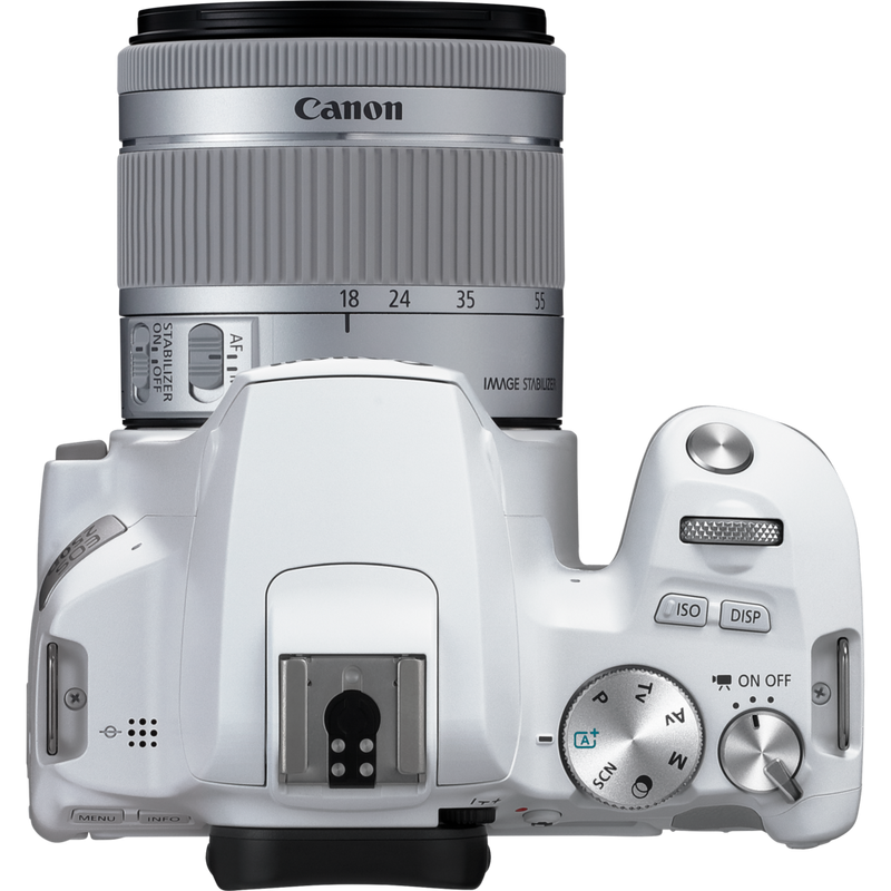 Canon EOS 250D, Weiß + EF-S 18-55mm f/4-5.6 IS STM Objektiv Produkt Ansicht von oben