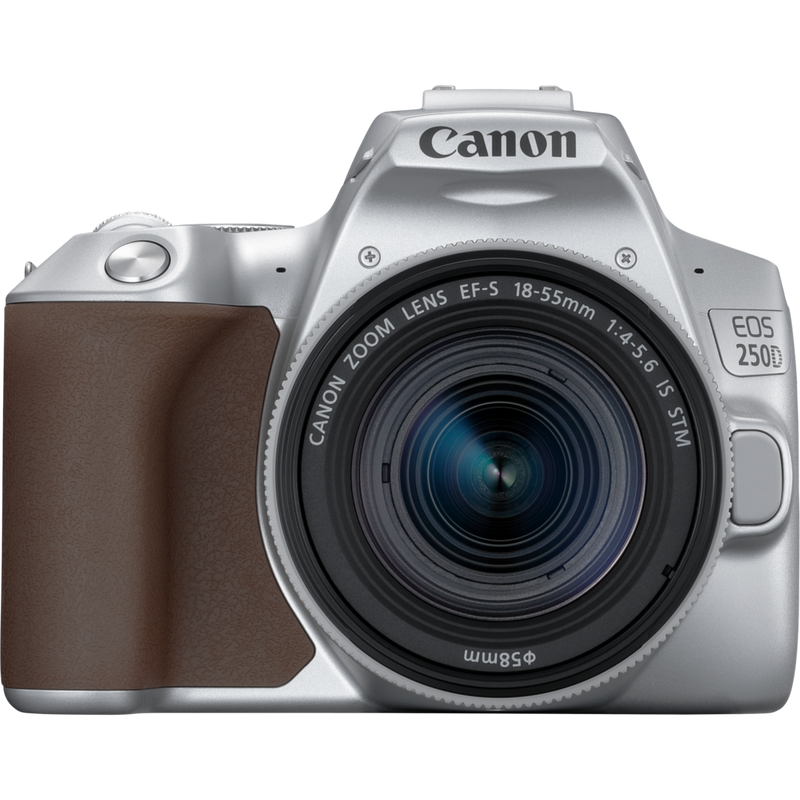 Canon EOS 250D Gehäuse, Silber + EF-S 18-55mm f/4-5.6 IS STM Objektiv Produkt Vorderansicht