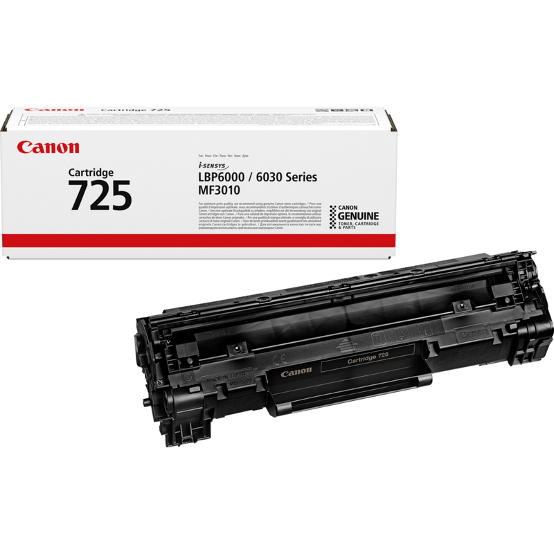 Canon 725 Toner-Cartridge Produkt Verpackung und Patrone