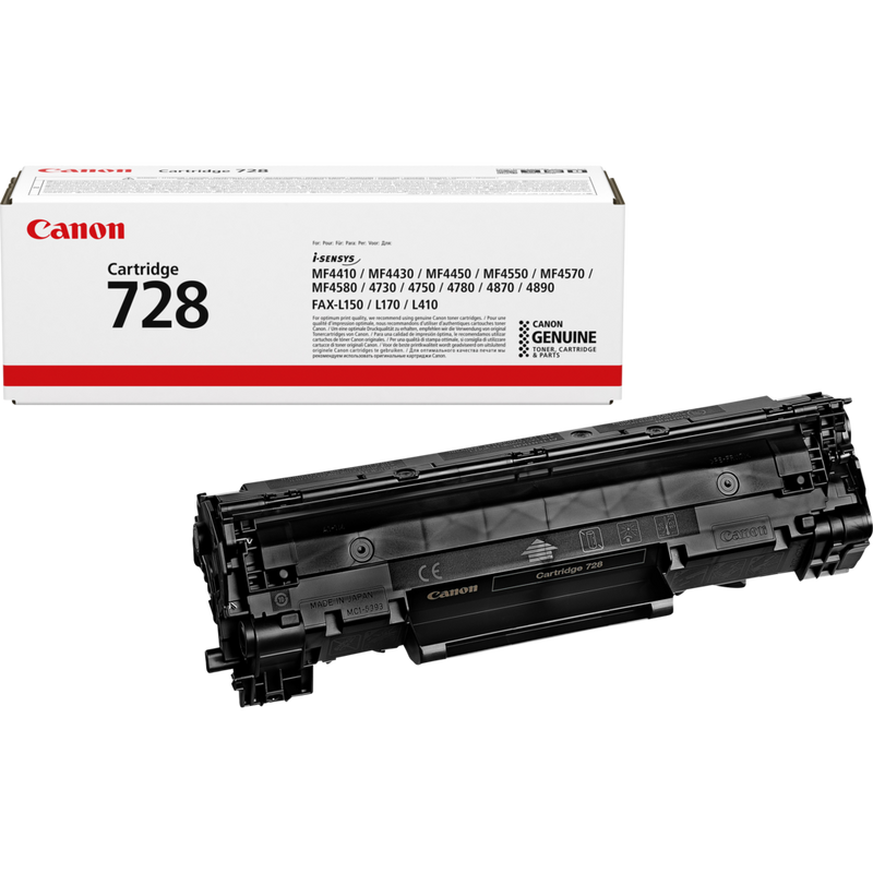 Canon 728 Toner-Cartridge Produkt Verpackung und Patrone