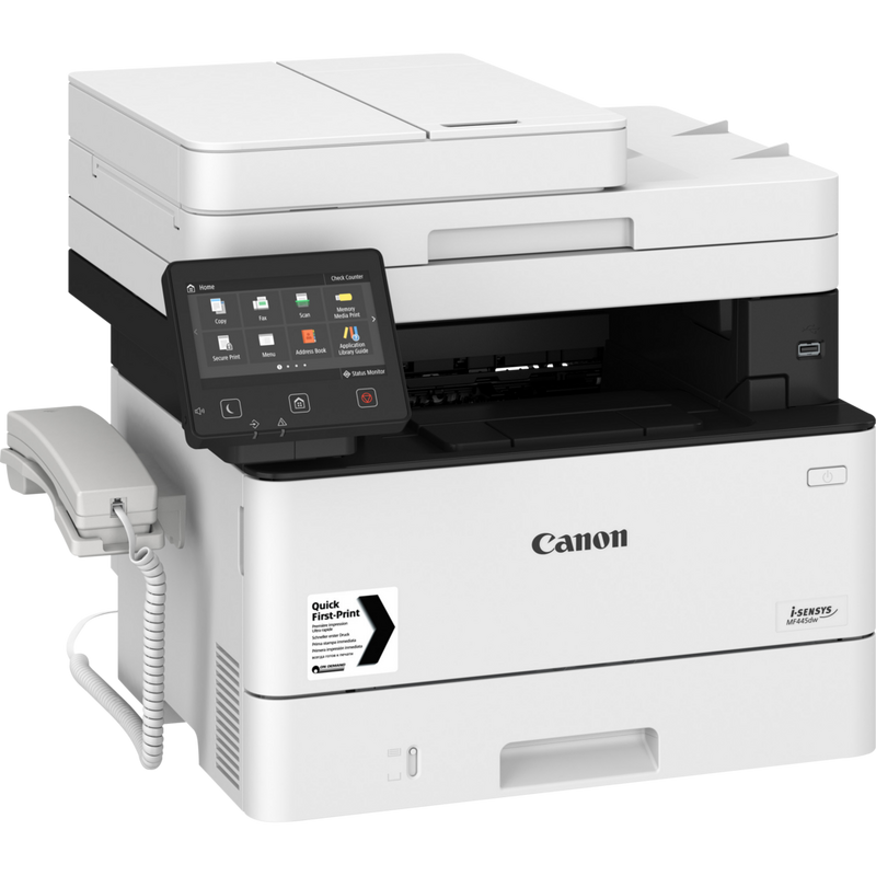 Canon i-SENSYS MF445dw Schwarzweiß-Laser-Multifunktionssystem Produkt Ansicht von oben links mit Telefon
