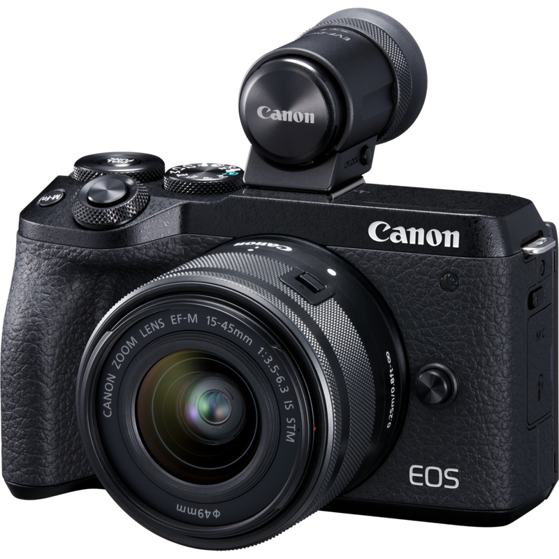 Canon EOS M6 Mark II + EF-M 15-45mm IS STM Objektiv + Elektronischer Sucher Produkt Diagonale Ansicht
