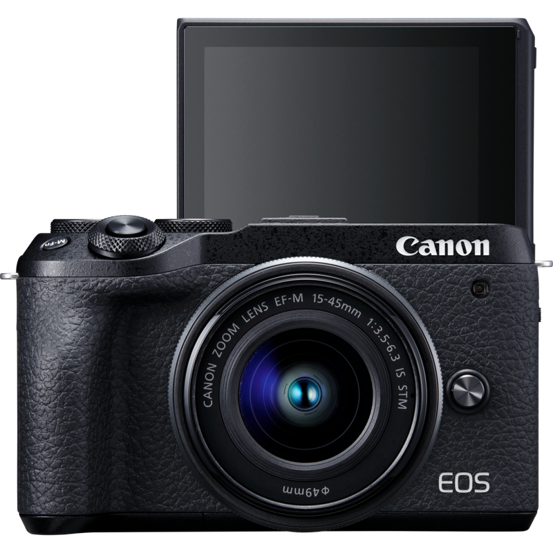 Canon EOS M6 Mark II + EF-M 15-45mm IS STM Objektiv + Elektronischer Sucher Produkt Vorderansicht mit klappbarem Display