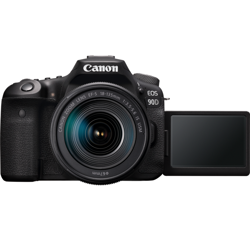Canon EOS 90D + EF-S 18-135mm IS USM Objektiv Produkt Vorderansicht mit ausgeklapptem Bildschirm
