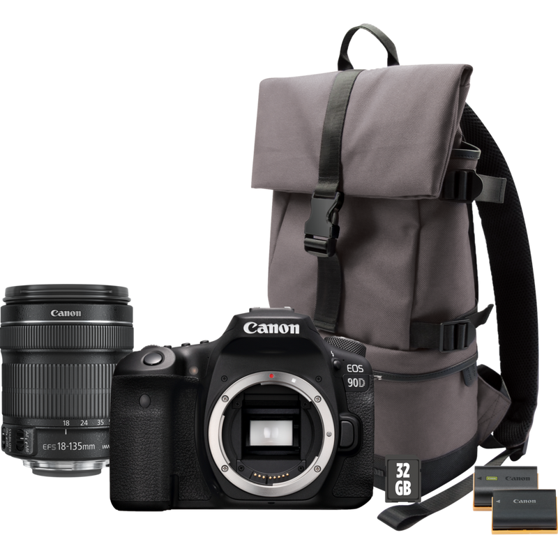 Canon EOS 90D + EF-S 18-135mm IS USM Objektiv + Rucksack + SD Karte + Ersatzakku Produkt Kamera mit allen Zubehörteilen