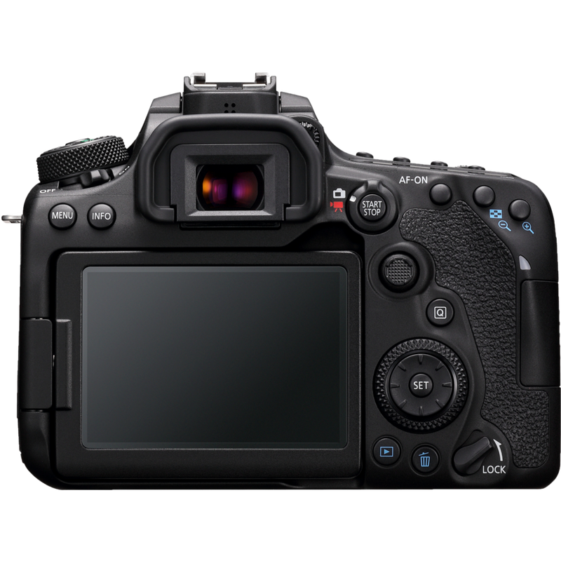 Canon EOS 90D + EF-S 18-135mm IS USM Objektiv + Rucksack + SD Karte + Ersatzakku Produkt Rückansicht