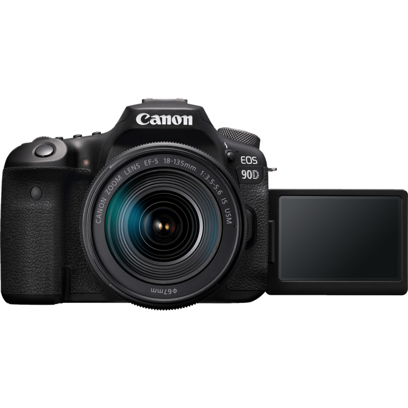 Canon EOS 90D + EF-S 18-135mm IS USM Objektiv + Rucksack + SD Karte + Ersatzakku Produkt Vorderansicht mit ausgeklapptem Bildschirm