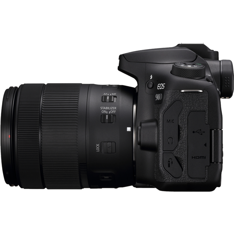 Canon EOS 90D + EF-S 18-135mm IS USM Objektiv + Rucksack + SD Karte + Ersatzakku Produkt Ansicht von links