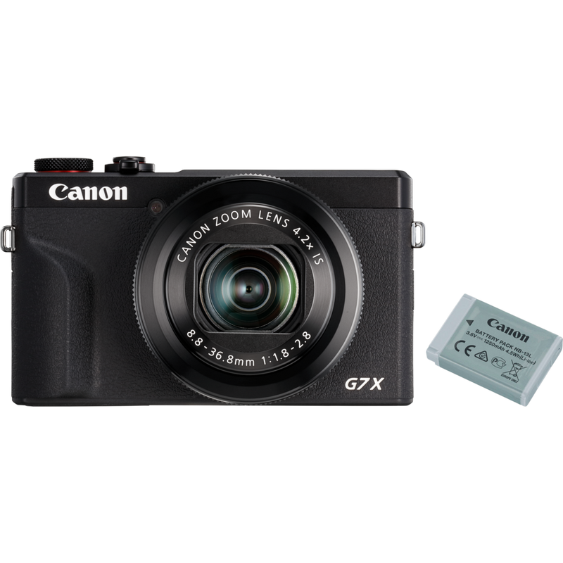 Canon PowerShot G7 X Mark III Kompaktkamera, Schwarz + Ersatzakku, Vorderansichts des Produkts, Kamera mit einem Akku