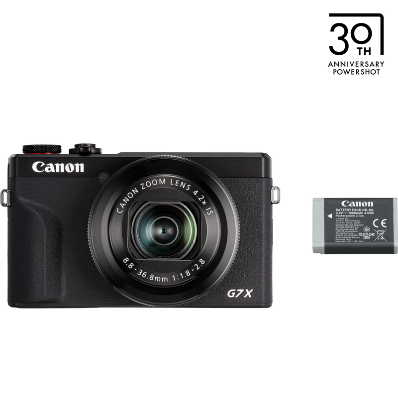 Canon PowerShot G7 X Mark III Kompaktkamera, Schwarz + Ersatzakku, Vorderansichts des Produkts, Kamera mit einem Akku