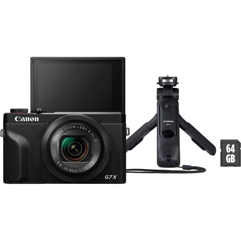 Canon PowerShot G7 X Mark III Premium Vlogger-Kit, Schwarz, Vorderansicht des Produkts mit Stativ und Speicherkarte