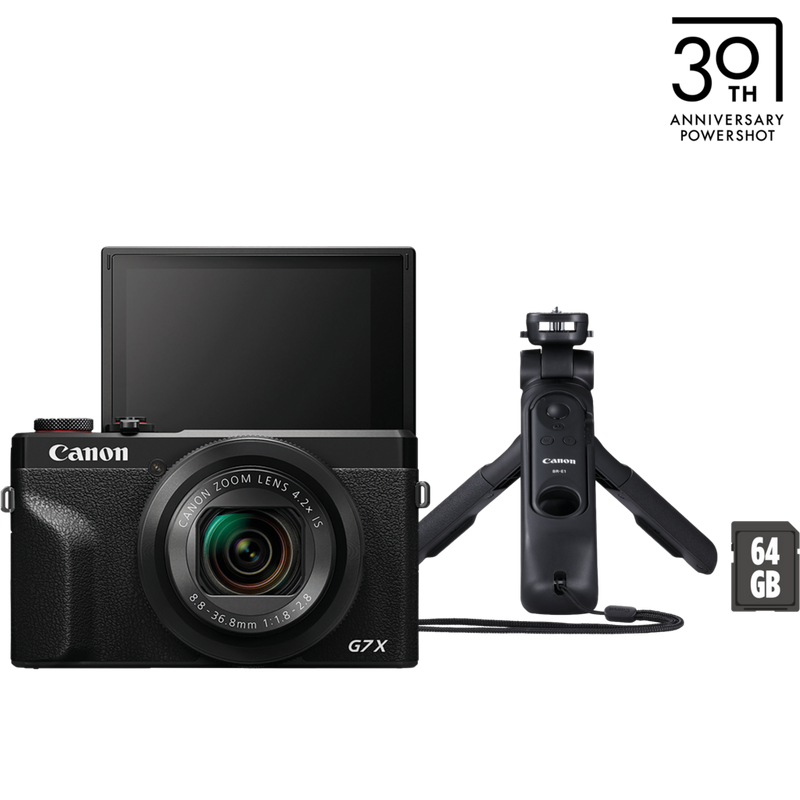 Canon PowerShot G7 X Mark III Premium Vlogger-Kit, Schwarz, Vorderansicht des Produkts mit Stativ und Speicherkarte