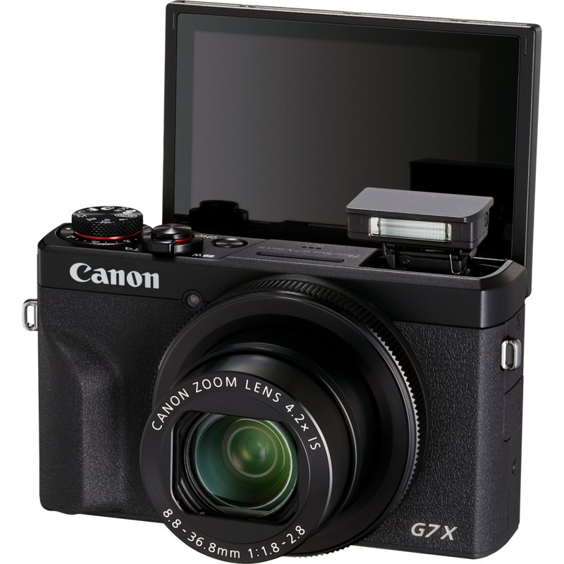 Canon PowerShot G7 X Mark III Premium Vlogger-Kit, Schwarz, Vorderansicht des Produkts mit geöffnetem Blitz