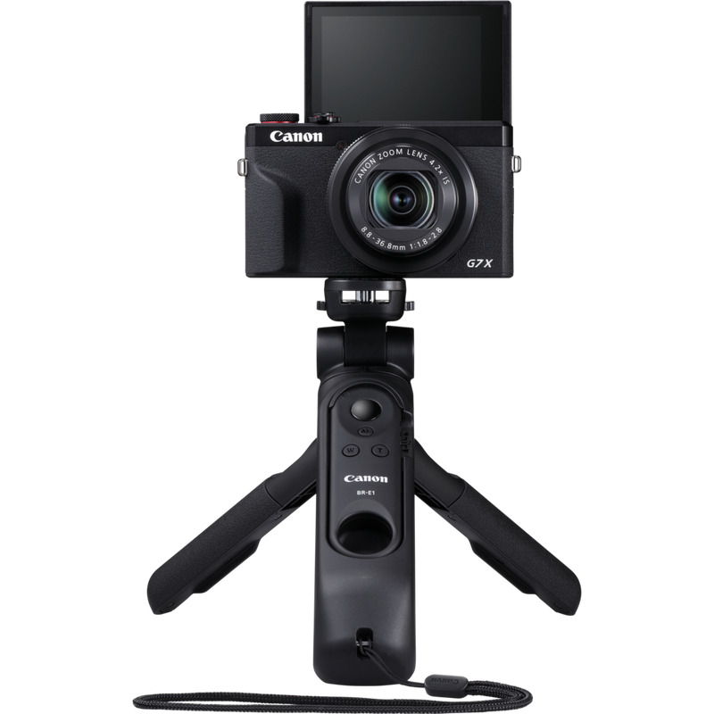 Canon PowerShot G7 X Mark III Premium Vlogger-Kit, Schwarz, Vorderansicht des Produkts, Kamera auf einem Stativ