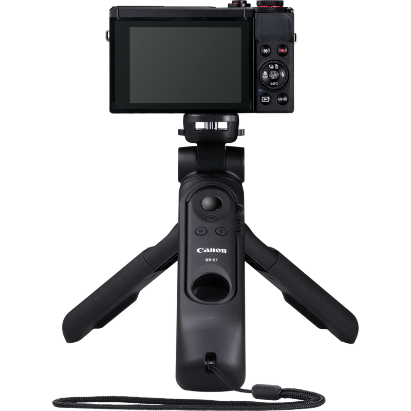 Canon PowerShot G7 X Mark III Premium Vlogger-Kit, Schwarz, Rückansicht, Produkt mit Kamera auf einem Stativ