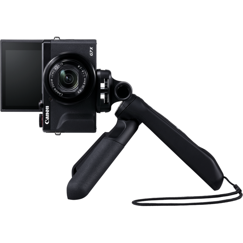 Canon PowerShot G7 X Mark III Premium-Vlogger-Kit, Schwarz, Produkt mit Kamera auf einem Stativ