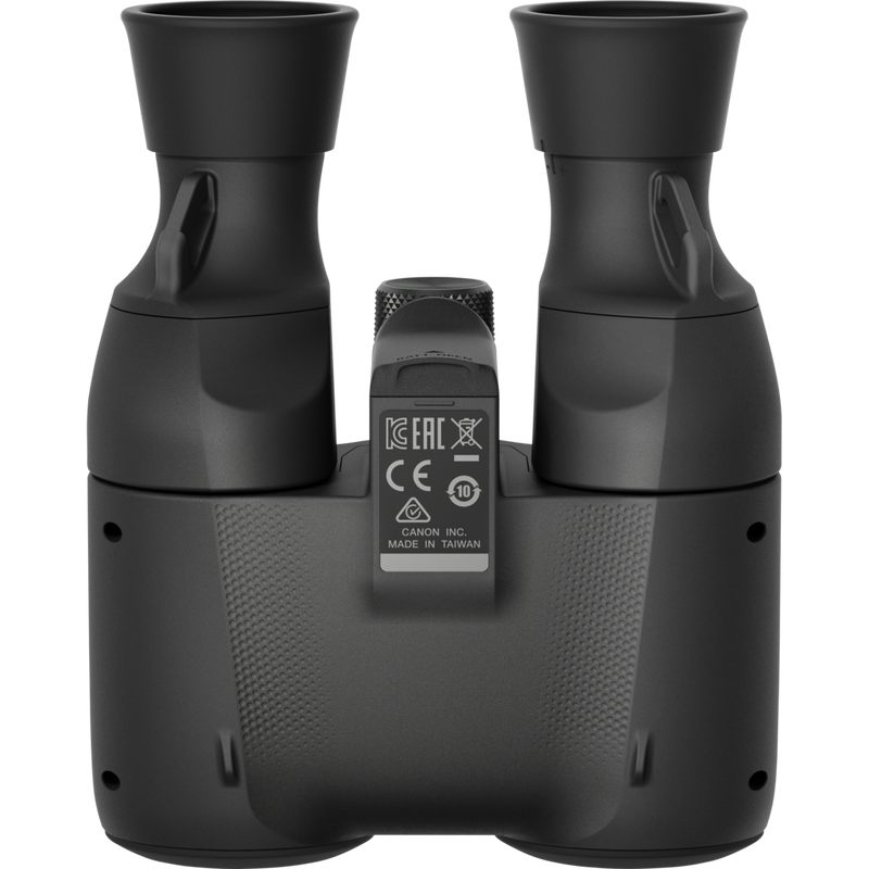 Canon 8x20 IS Fernglas Produkt Ansicht von unten mit Herkunftslandetikett und anderen Symbolen