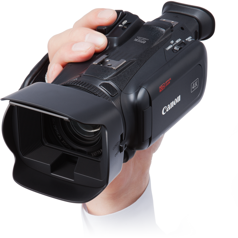 Canon XA40 Camcorder Ansicht einer Hand, die den Camcorder trägt, von oben links