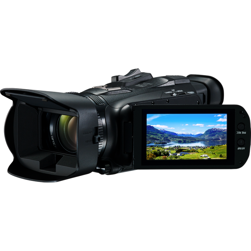 Canon LEGRIA HF G50 Camcorder + Power Kit Pack Produkt Vorderansicht von links mit umgeklapptem Bildschirm, der um 180 Grad gedreht ist