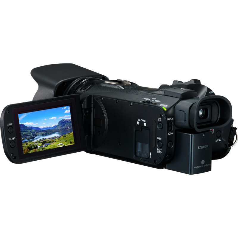 Canon LEGRIA HF G50 Camcorder + Power Kit Pack Produkt Rückansicht von links mit umgeklapptem Bildschirm
