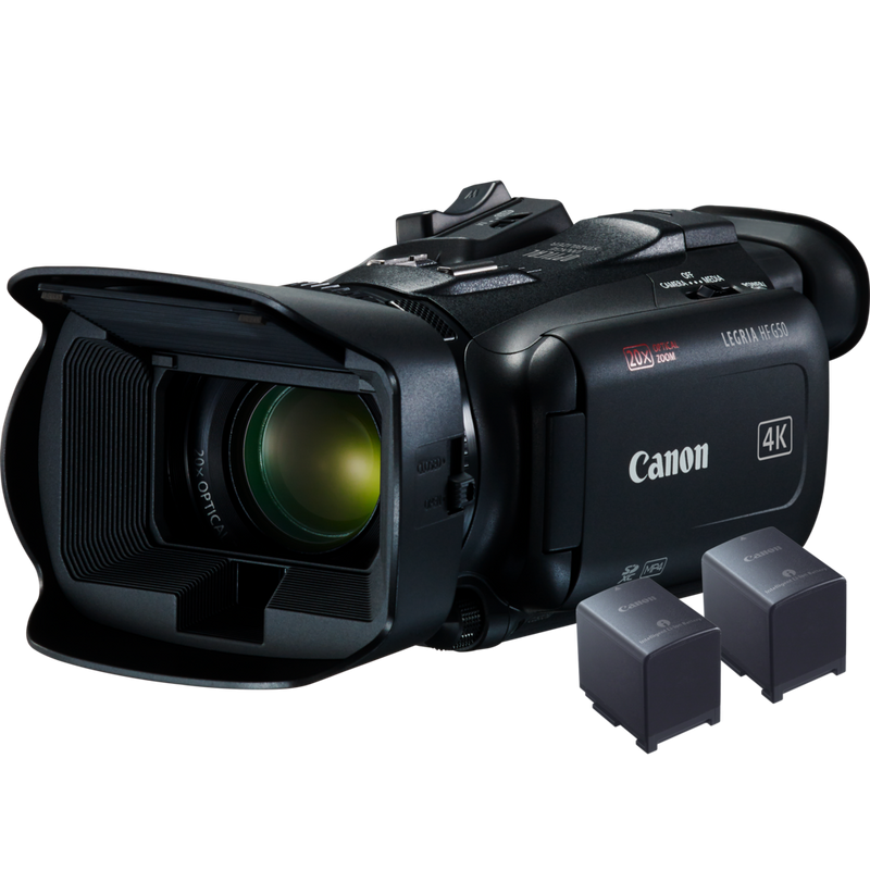 Canon LEGRIA HF G50 Camcorder + Power Kit Pack Produkt Vorderansicht von links neben zwei Ersatzakkus