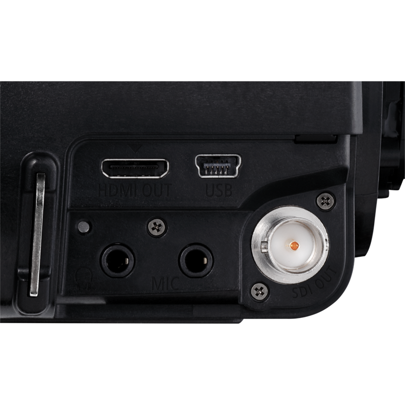 Canon XA55 Camcorder Produkt Nahaufnahme der HDMI-, USB-, Kopfhörer- und Mikrofonausgänge
