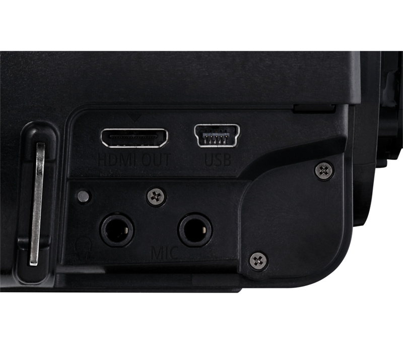 Canon XA50 Camcorder Produkt Vorderansicht von links mit umgeklapptem Bildschirm, der um 180 Grad gedreht ist