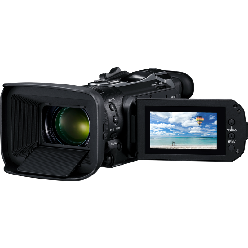 Canon LEGRIA HF G60 Camcorder Produkt Vorderansicht von links mit umgeklapptem Bildschirm, der um 180 Grad gedreht ist