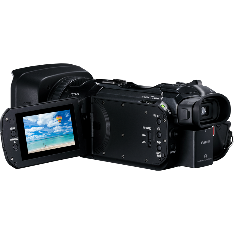 Canon LEGRIA HF G60 Camcorder Produkt Rückansicht von links mit umgeklapptem Bildschirm