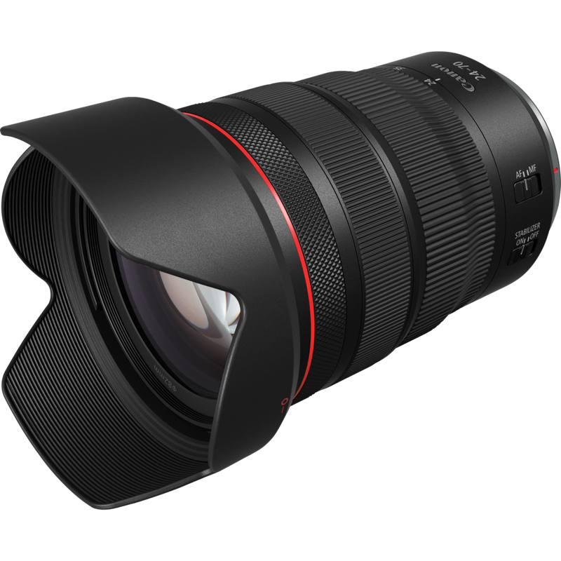Canon RF 24-70mm F2.8L IS USM Objektiv Produkt Diagonale Ansicht mit Streulichtblende