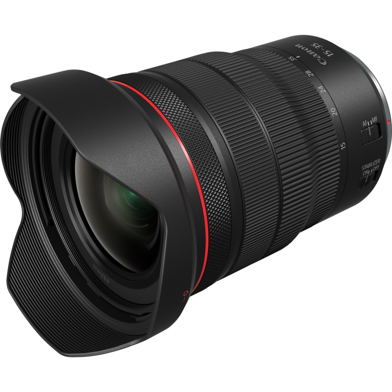 Canon RF 15-35mm F2.8L IS USM Objektiv Produkt Diagonale Ansicht mit Streulichtblende