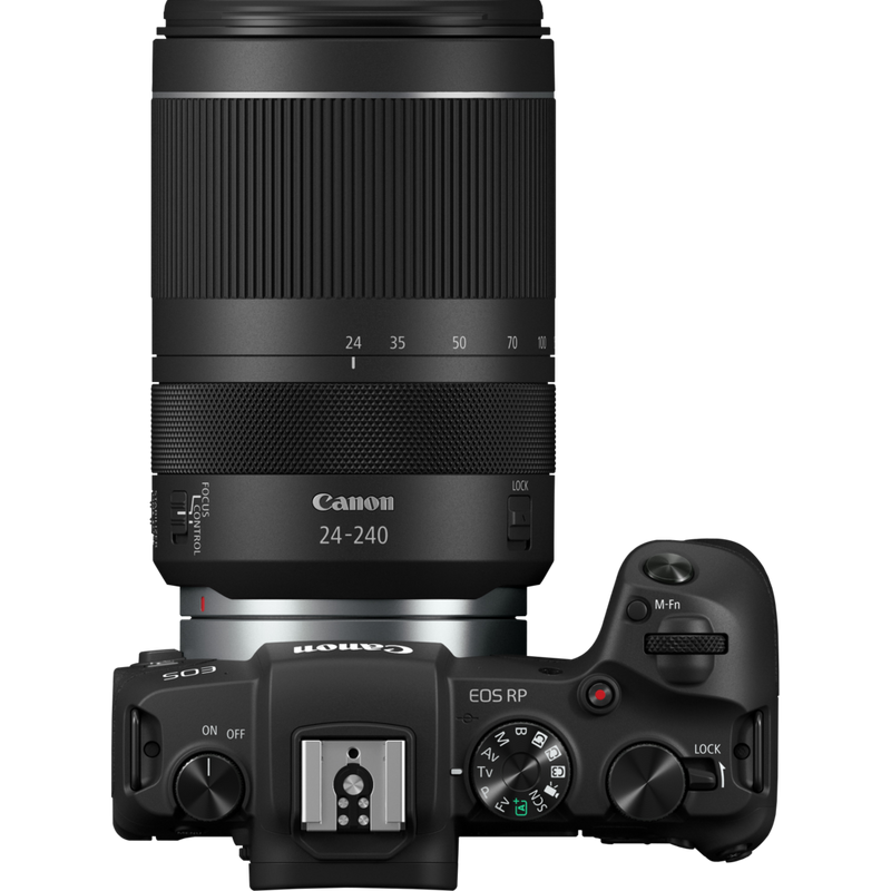 Canon RF 24-240mm F4-6.3 IS USM Objektiv Produkt Ansicht von oben mit einer Kamera