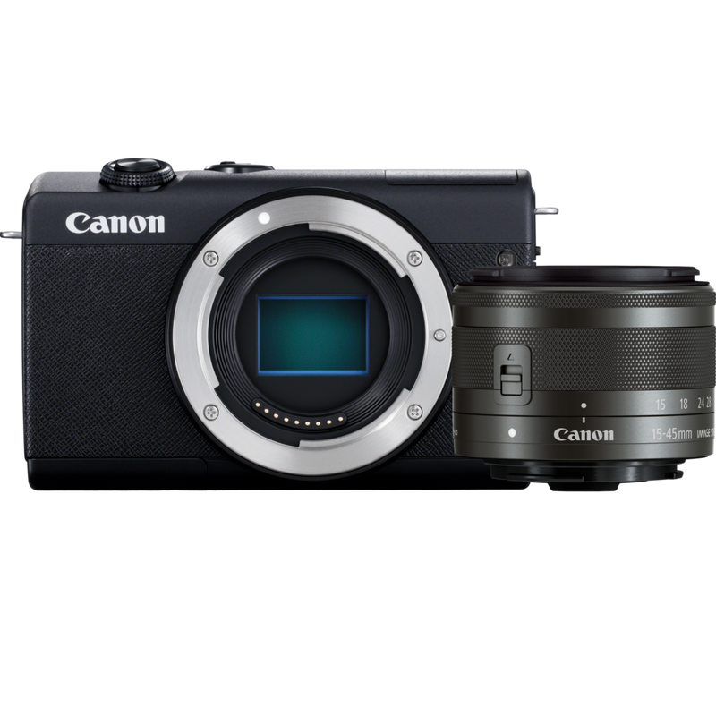 Canon EOS M200 Gehäuse, Schwarz + EF-M 15-45mm Produkt Vorderansicht des Kit-Inhalts
