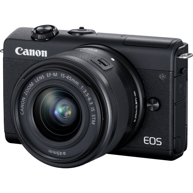 Canon EOS M200 Gehäuse, Schwarz + EF-M 15-45mm Produkt Diagonale Vorderansicht
